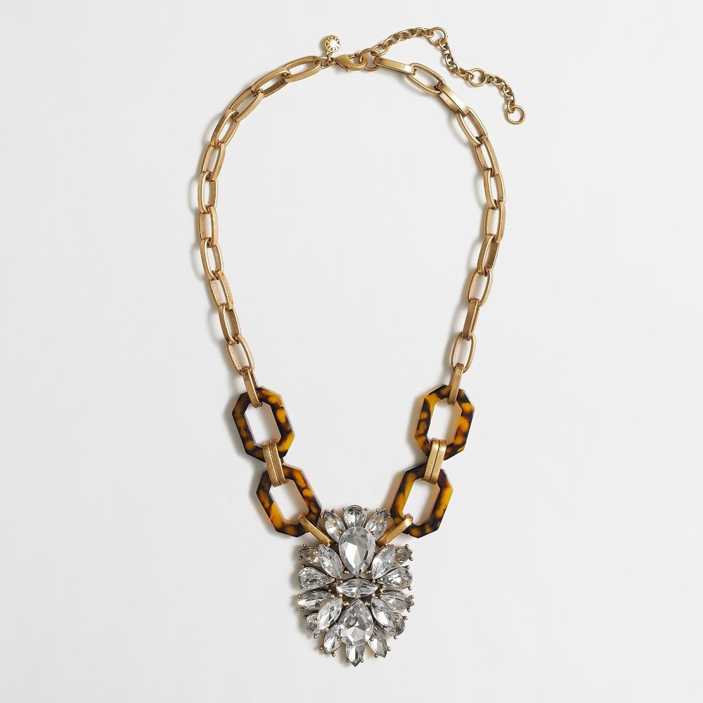 J Crew Tortoise & Crystal Pendant Statement Necklace- Brass Chain